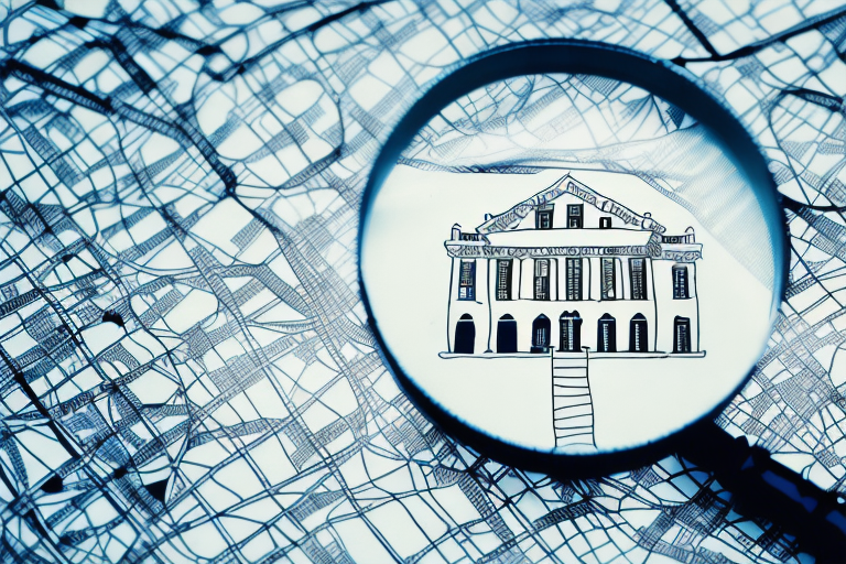 A magnifying glass hovering over a map dotted with symbols of gavels and courthouse buildings