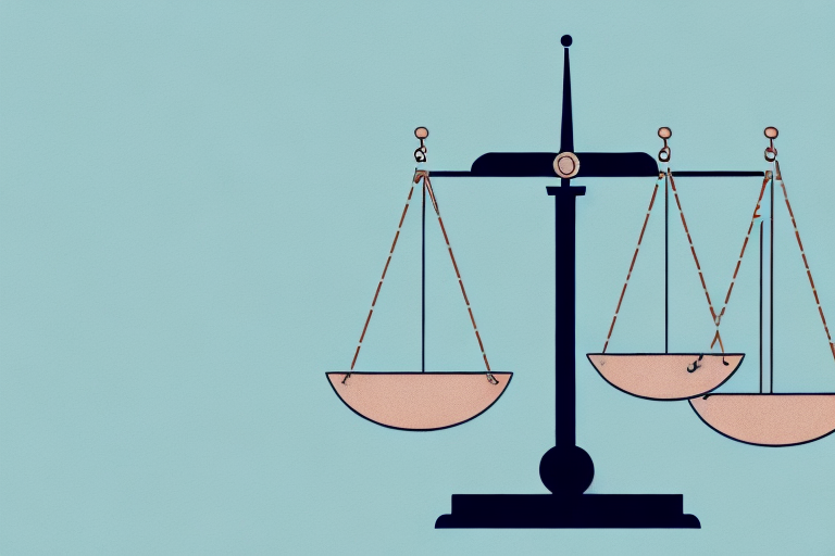 A symbolic balance scale where one side holds a briefcase (representing law) and the other side holds a bank building and a tax form