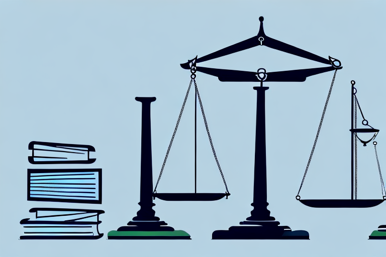 A balanced scale with law books on one side and a corporate building on the other