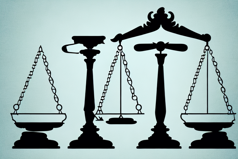 A balanced scale with a briefcase on one side and a gavel on the other