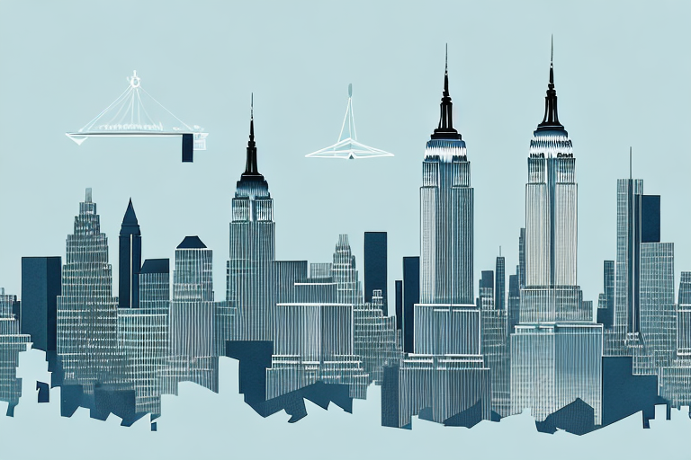 The new york city skyline with a symbolic balance scale integrated into the architecture