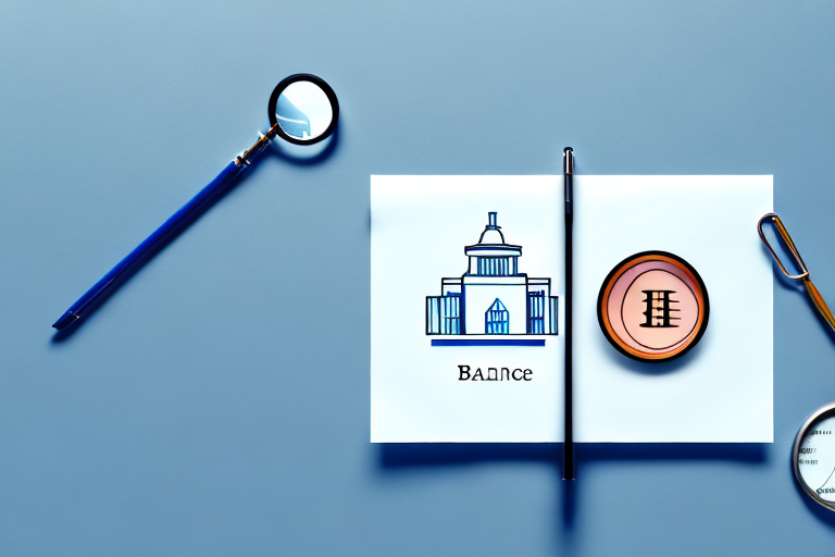 A magnifying glass over a balance scale with a building on one side representing a business and a document on the other side representing tax papers