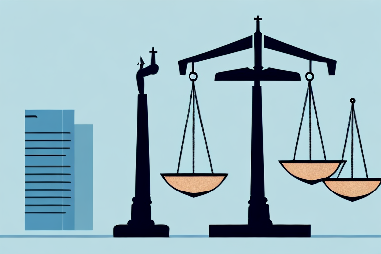 A scale of justice on a desk surrounded by business-related items like a briefcase