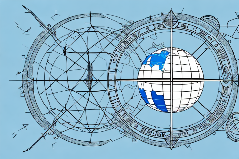 A globe surrounded by various symbols of trade and commerce