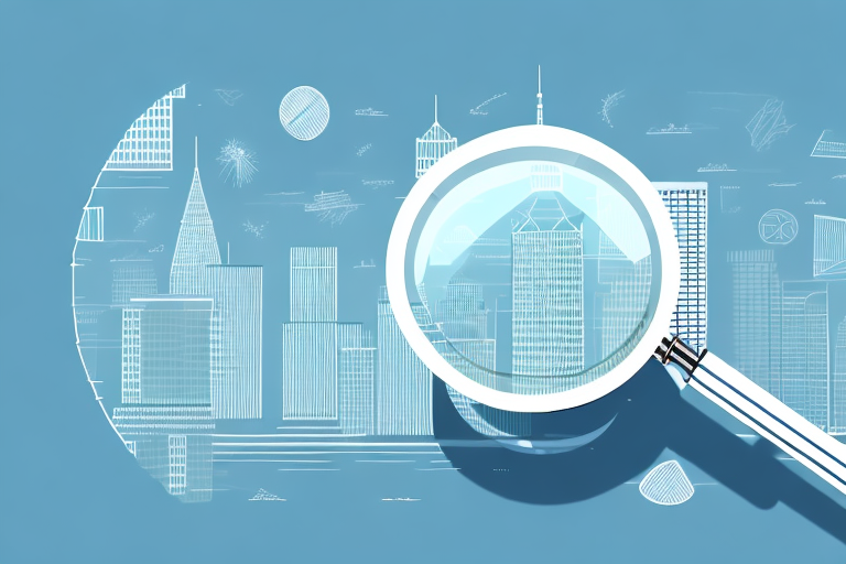 A magnifying glass hovering over a cityscape