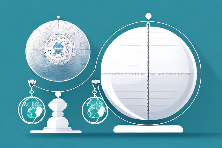 A set of scales balanced with a briefcase symbolizing business on one side and a globe symbolizing immigration on the other