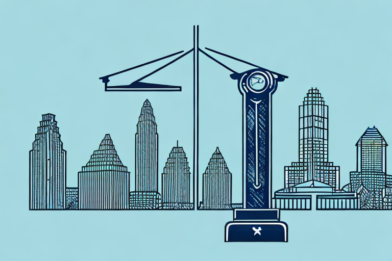 The austin skyline with a balanced scale symbolizing justice in the foreground