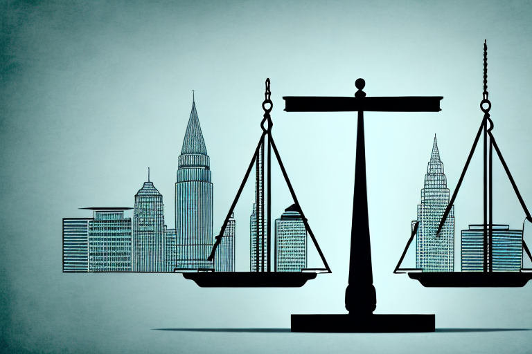 A balanced scale with a briefcase on one side and the raleigh city skyline on the other side