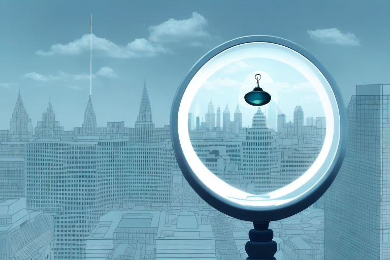 A magnifying glass hovering over a cityscape