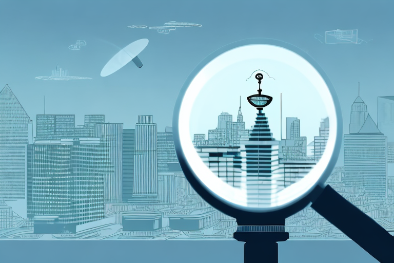 A magnifying glass hovering over a cityscape
