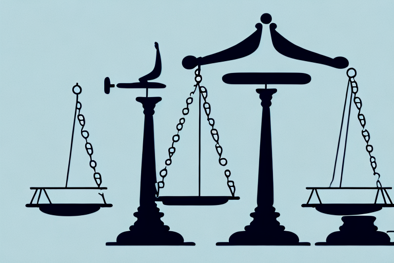 A balanced scale with a gavel on one side and a commercial building on the other