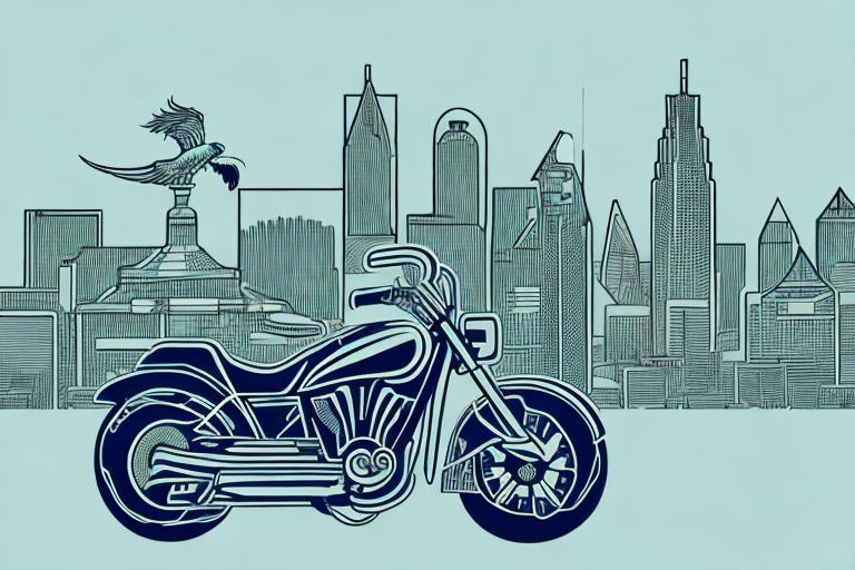 A motorcycle near a gavel (symbolizing law) with the phoenix city skyline in the background