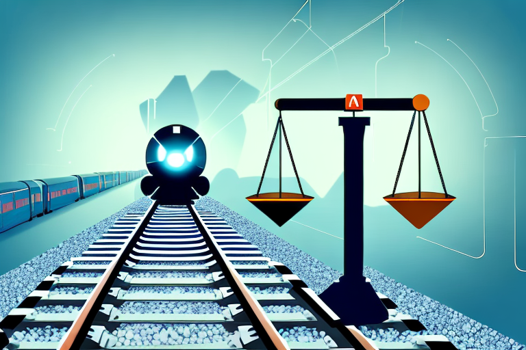A train on a railway track with a balance scale symbolizing justice in the background