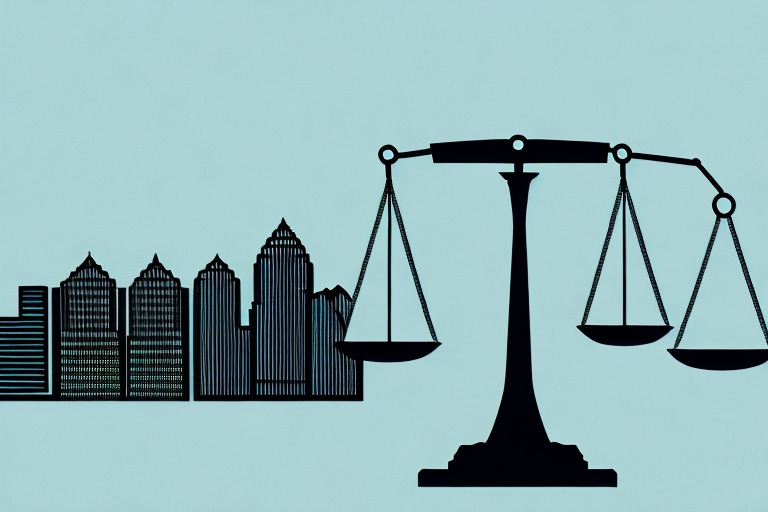 The pittsburgh skyline with a balance scale and gavel superimposed on it
