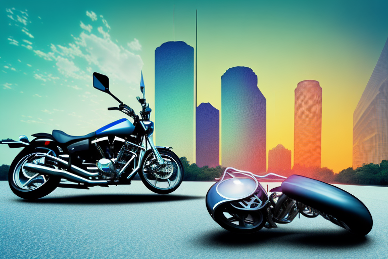 A motorcycle lying on its side near a houston cityscape