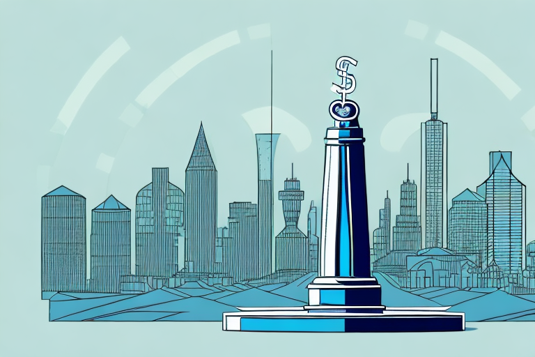 A balanced scale in front of a city skyline