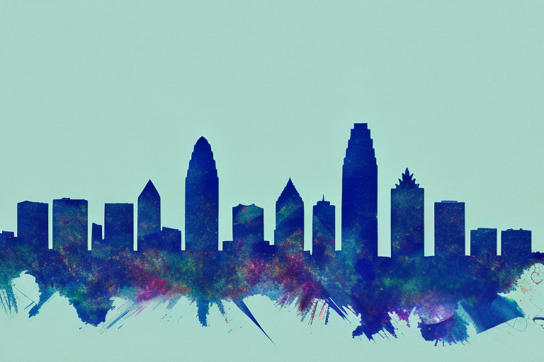 The dallas skyline with the scales of justice superimposed over it