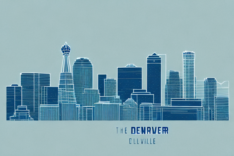 The denver skyline with symbolic elements like a justice scale and a gavel incorporated