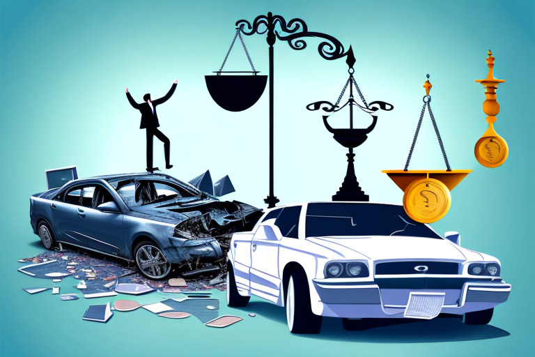A car wreck in fontana cityscape with a balanced scale symbolizing justice and compensation in the foreground