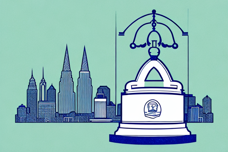 The liberty bell with a balance scale symbolizing justice in the foreground