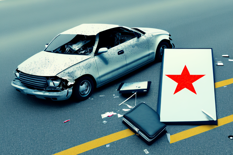 A car accident scene with a lawyer's briefcase on the side of the road