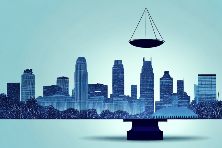 The minneapolis skyline with a balance scale symbolizing justice prominently featured in the foreground