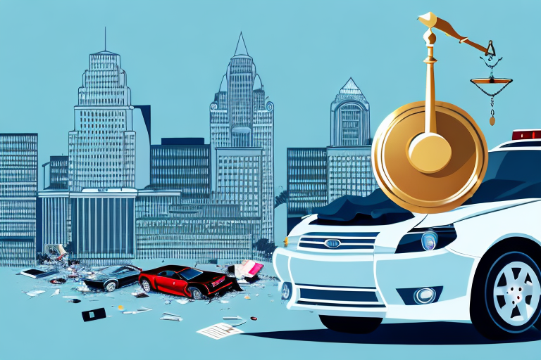 A gavel and a car involved in an accident on a cincinnati cityscape background
