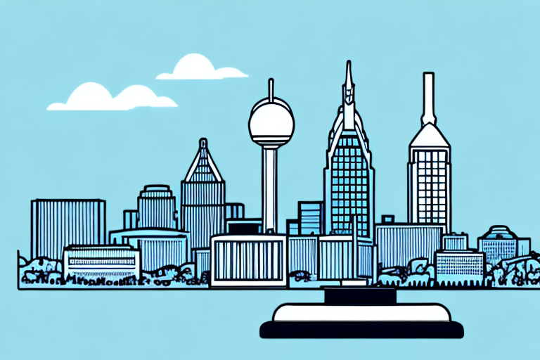 The nashville skyline with a balance scale symbolizing justice prominently featured in the foreground