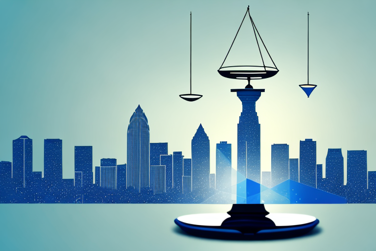 The tulsa city skyline with a symbolic balance scale in the foreground