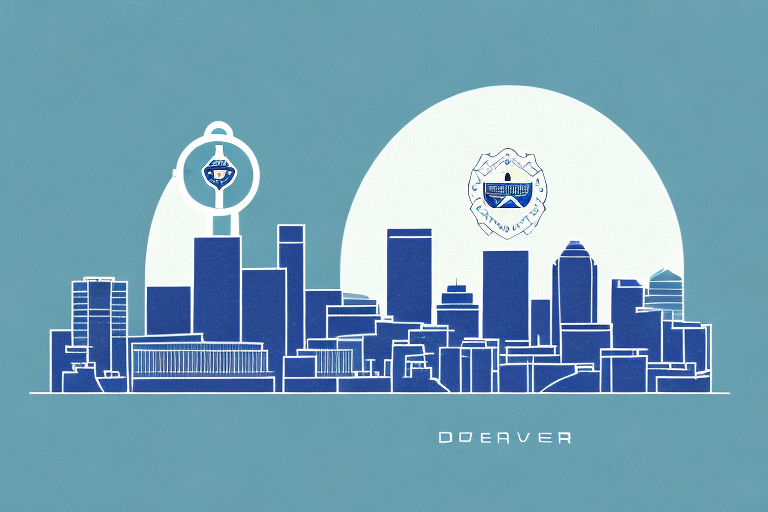 The denver skyline with a balanced scale symbolizing justice and a shield symbolizing protection in the foreground