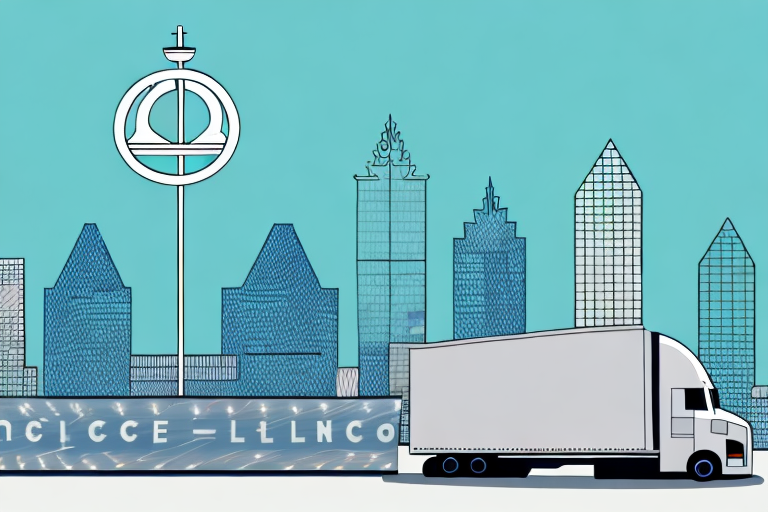 A semi-truck on a dallas cityscape background