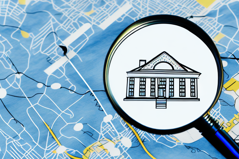 A magnifying glass hovering over a map with markers indicating law firm locations