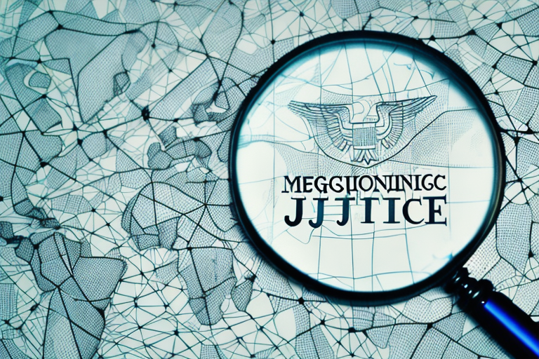 A magnifying glass hovering over a map dotted with scales of justice