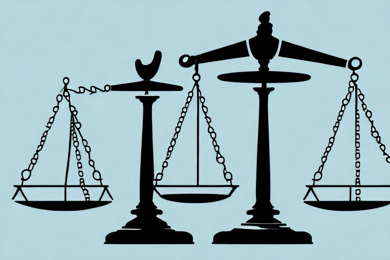 A balanced scale with a copyright symbol on one side and a gavel on the other