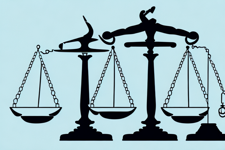 A balanced scale with a copyright symbol on one side and a gavel on the other