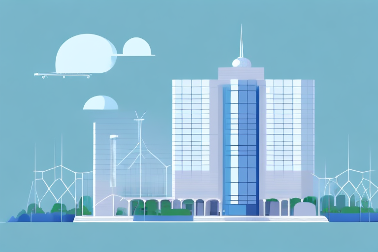 A modern corporate building with a large scale and balance in the foreground