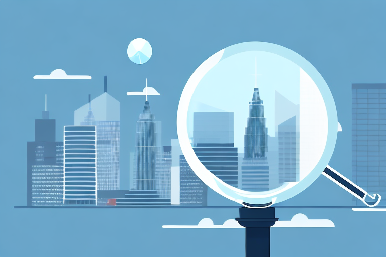 A city skyline with a magnifying glass hovering over it