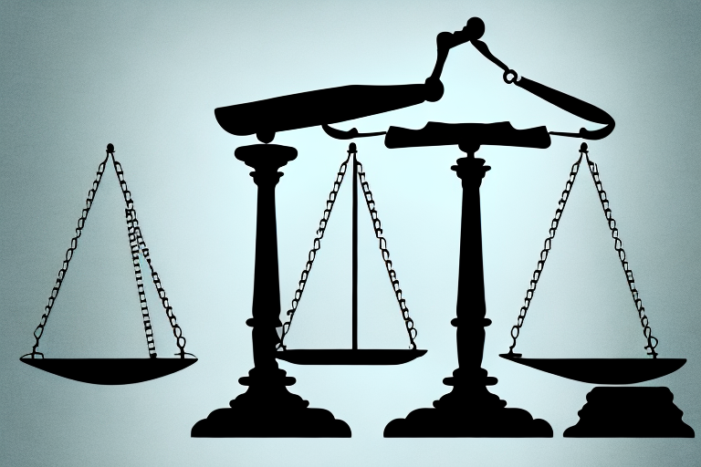 A balanced scale with a gavel on one side and a law book on the other