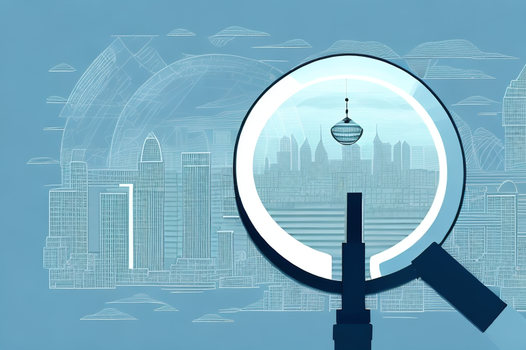 A magnifying glass hovering over a cityscape