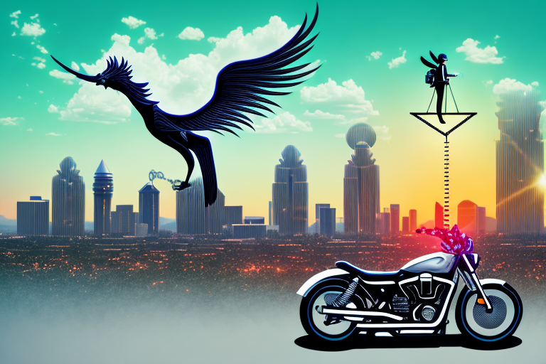 A motorcycle next to a phoenix cityscape with a balance scale in the foreground