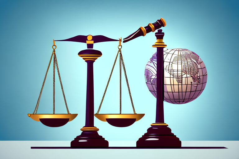A balanced scale of justice with a globe on one side and a gavel on the other