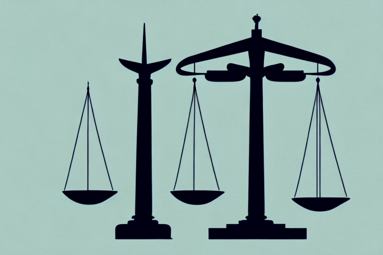 A symbolic scale of justice placed in front of a stylized representation of the monument landscape