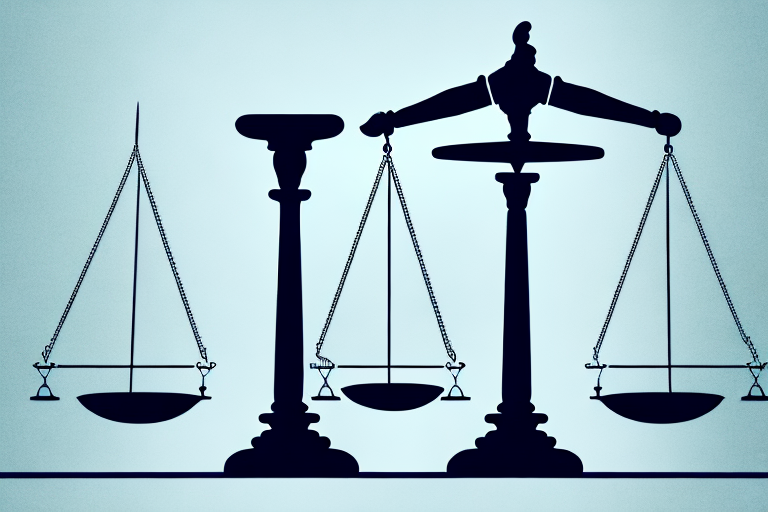 A balance scale with a briefcase on one side and a gavel on the other