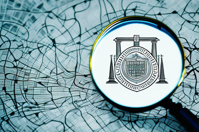 A magnifying glass hovering over a stylized map of cincinnati