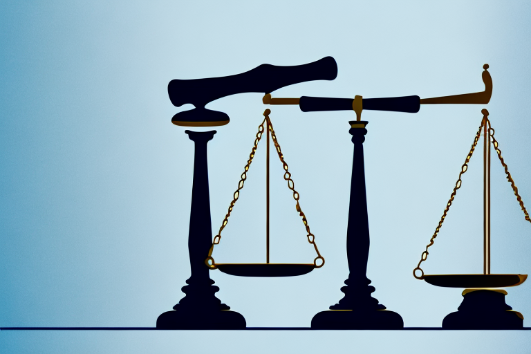 A balanced scale with a gavel on one side and a pile of legal documents on the other