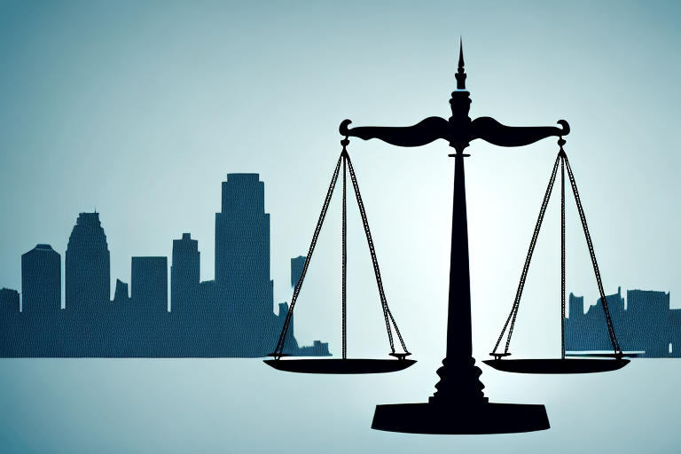 A balanced justice scale in front of the kansas city skyline