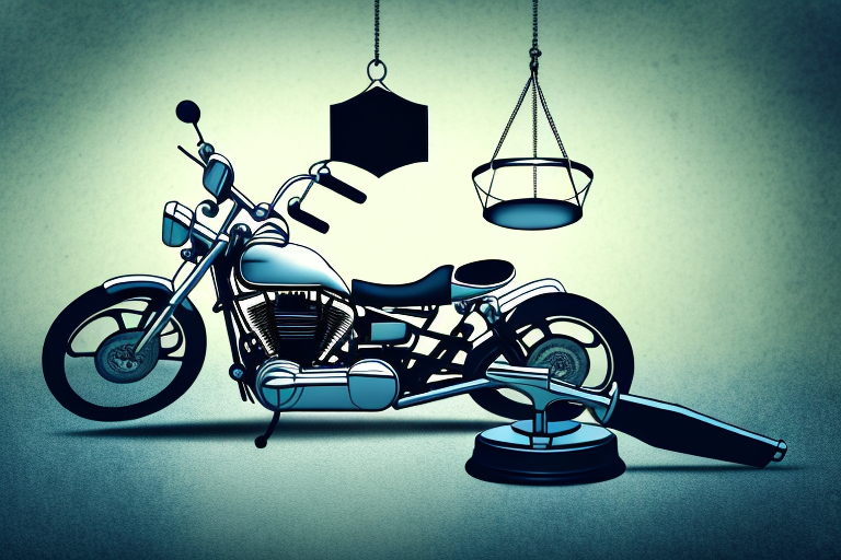 A motorcycle lying on its side near a gavel and a balance scale