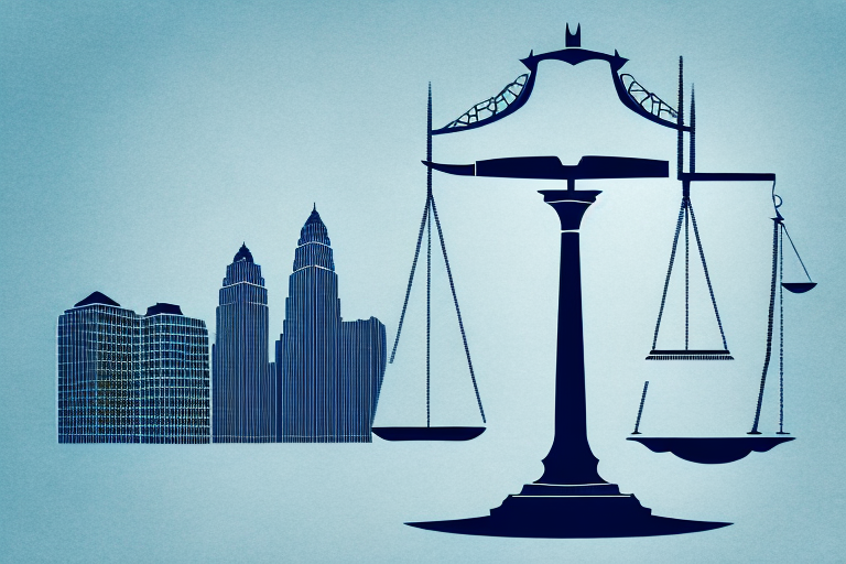 The des moines skyline with a gavel and scales of justice superimposed over it