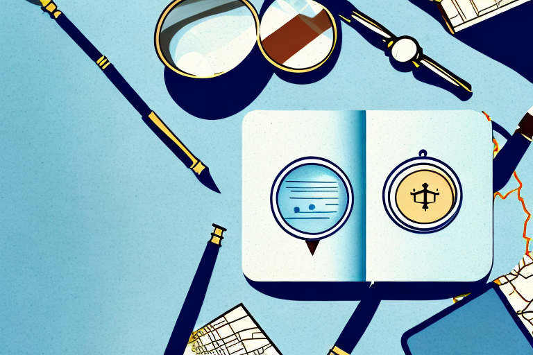A magnifying glass hovering over a map with a gavel and a set of law books nearby