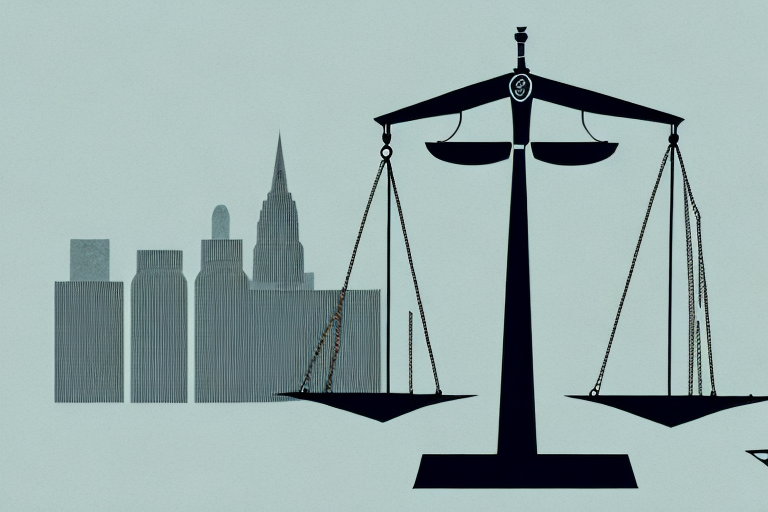 A symbolic scale of justice in front of a stylized cityscape of elizabeth
